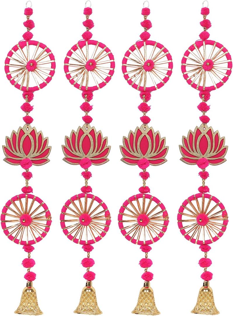 Smizzy Door Decoration | Ring Wall Hangings with Lotus for Haldi Mehandi Temple | Pooja Room Decorative Items for Home | Back Dropper Indian Diwali Decor Gift Itme(Pack of 4, Pink, 32x5 Inch Each)