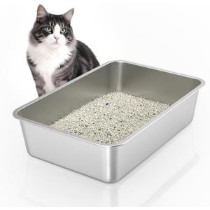 WENBOKMIN Stainless Steel Cat Litter Box, 6in Cat Litter Pan for Large Cats and Rabbits, Extra Large Metal Litter Box High Sides Odor Control Anti-Corrosion Nonstick