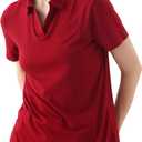 Women's V-Neck Ruffle Design Polo Shirts Short Sleeve Collared Loose Casual Tunic Blouses with Pocket (Red, M)