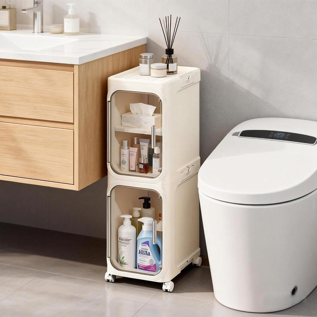 LXLXXL Narrow Storage Cabinet Slim Bathroom Storage Cabinet with Movable Wheels Tall Bathroom Organizer Skinny Cabinet for Small Spaces 2-Tier Beige