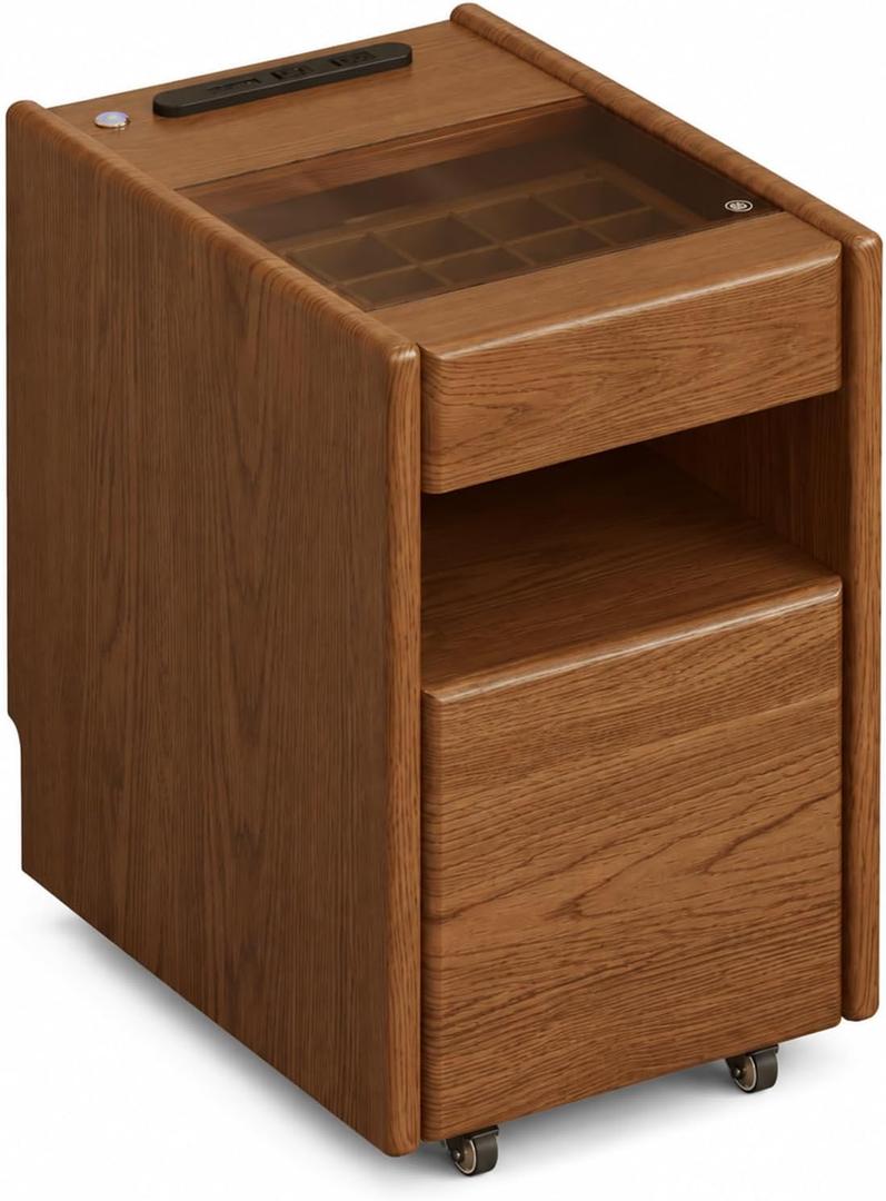 End table with Charging Station Wooden Nightstand with Drawers,Walnut, 16.5"D x 11.8"W x 19.7"H