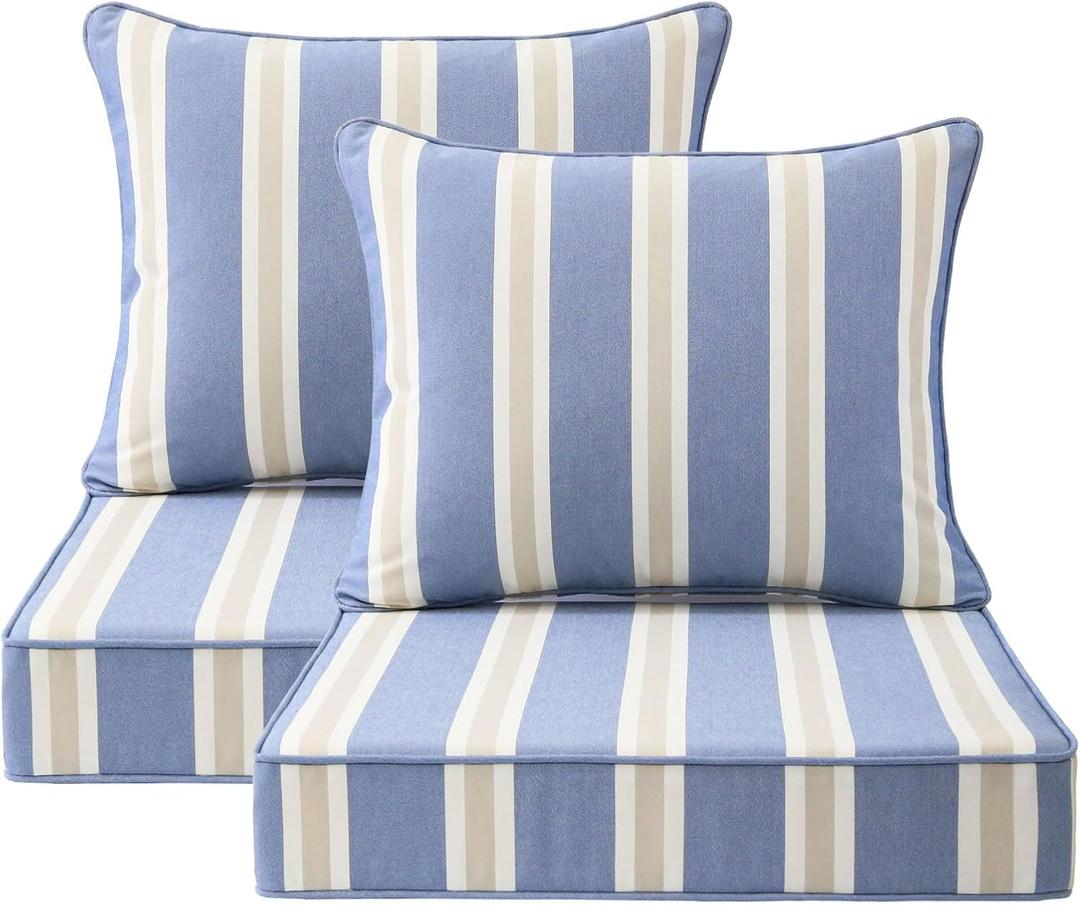 Outdoor Patio Chair Cushions Set, 24" x 24", Set of 2, Water-Repellent, Fade Resistant, Deep Seat Bottom and Back Cushion for Backyard, Couch, Sofa and Patio Furniture, Navy Linen Stripe