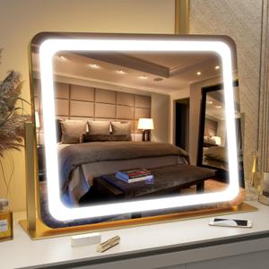 FENNIO Gold Vanity Mirror with Lights 22"x19", LED Lighted Makeup Mirror, Large Makeup Mirror, Makeup Mirror with Lighting, Touch Screen with 3-Color Lighting, Dimmable, for Vanity Desk Tabletop