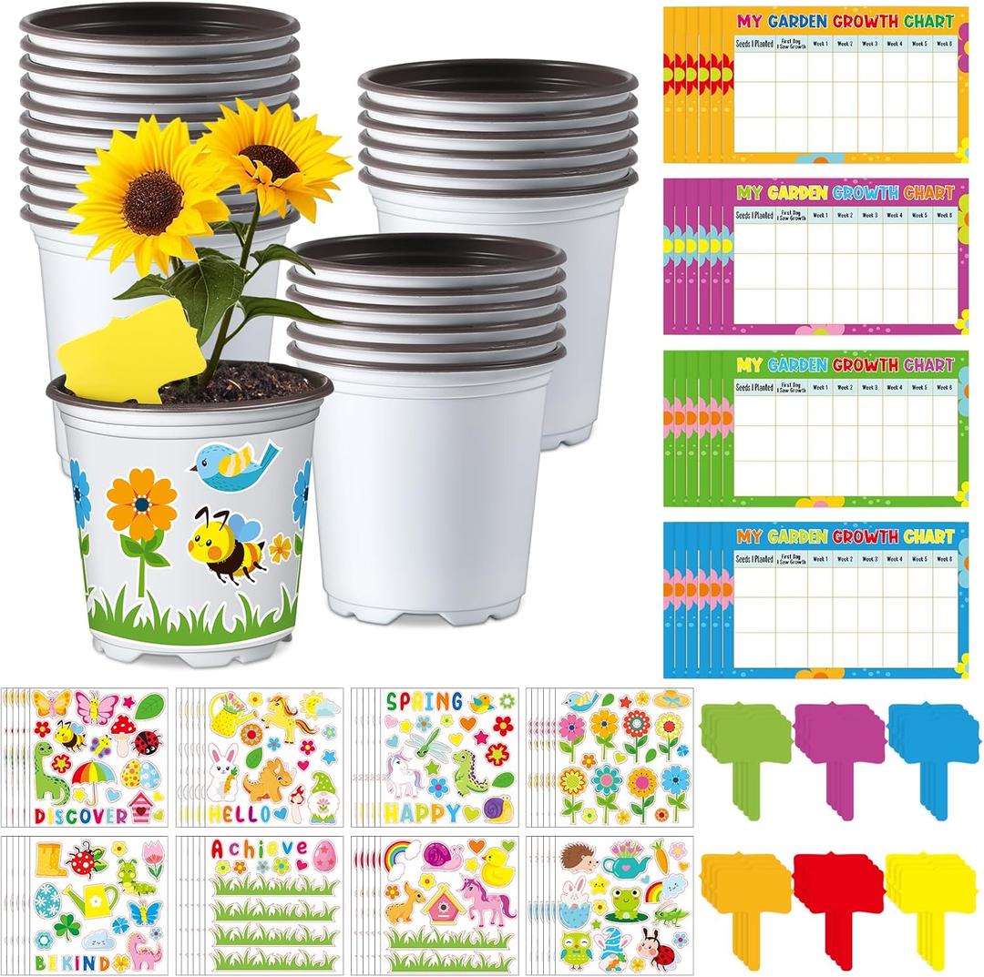 Capoda 48 Sets Garden Flower Pots Crafts Kit DIY Spring Plastic Seedling Nursery Pots with Stickers Plant Labels Growth Charts Planting Growing Tools Classroom Activities Project Gifts (Round)