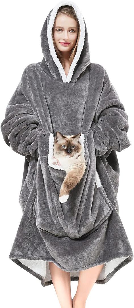 Wearable Blanket Hoodie with Giant Pocket （Pet Won't Leave） Extra Soft Sherpa Fleece Thick Warm ＆ Cozy Oversized Sweatshirt Blanket Jacket with Sleeves Gifts for Adult Men Women - Grey 