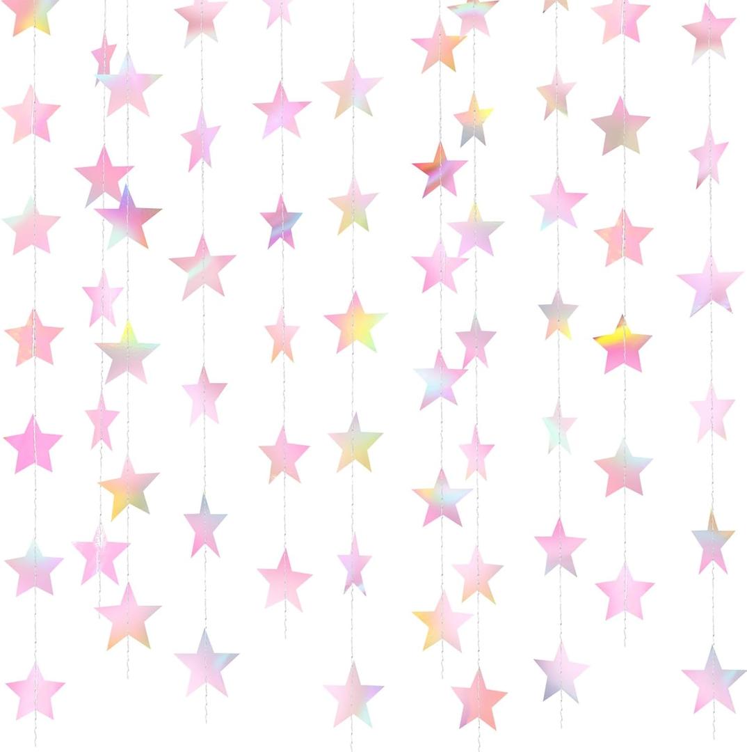 Patelai Glitter Star Garland Banner Decor 130 Feet Star Hanging Bunting Banner Twinkle Backdrop for Homecoming Classroom Wedding Birthday Halloween Christmas Party Supplies (Iridescent Pink)
