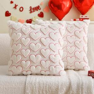 Valentine's Day Pillow Covers Decorations, 18 x 18 Inch Set of 2 Red Embroidery White Heart Soft Plush Faux Fur Throw Pillow Cases for Chair Sofa Bedroom Living Room Home Decor