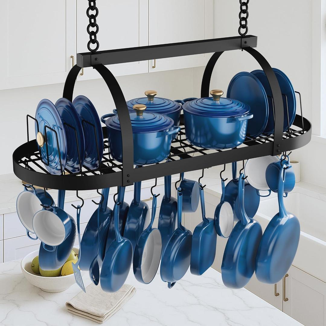 KES 48 Inch Large Ceiling Pot Rack with Lid Organizer, Oval Heavy Duty Hanging Pot Rack Ceiling Mount for Kitchen Over Island, Cast Iron Pan Hanger with 20 Hooks, 16" & 24" Joist Mount, Matte Black