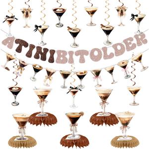 Espresso Martini Party Decorations Gold Brown Birthday Party Decor Supplies Includes Happy Birthday Banner A Tini Bit Older Hanging Swirls for Martini-Themed Honeycomb Centerpiece