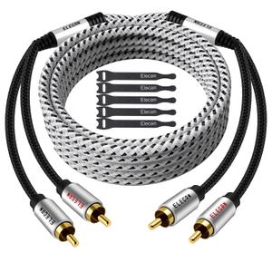 Elecan Premium RCA Cable 30 Ft (Hi-Fi Sound-16 AWG-Shielded) 2 RCA Male To 2 RCA Male Stereo Audio Cable, Gold Plated-Aluminum Alloy Shell-Pure Copper-Braided RCA Cord for Home Theater Speakers + Ties