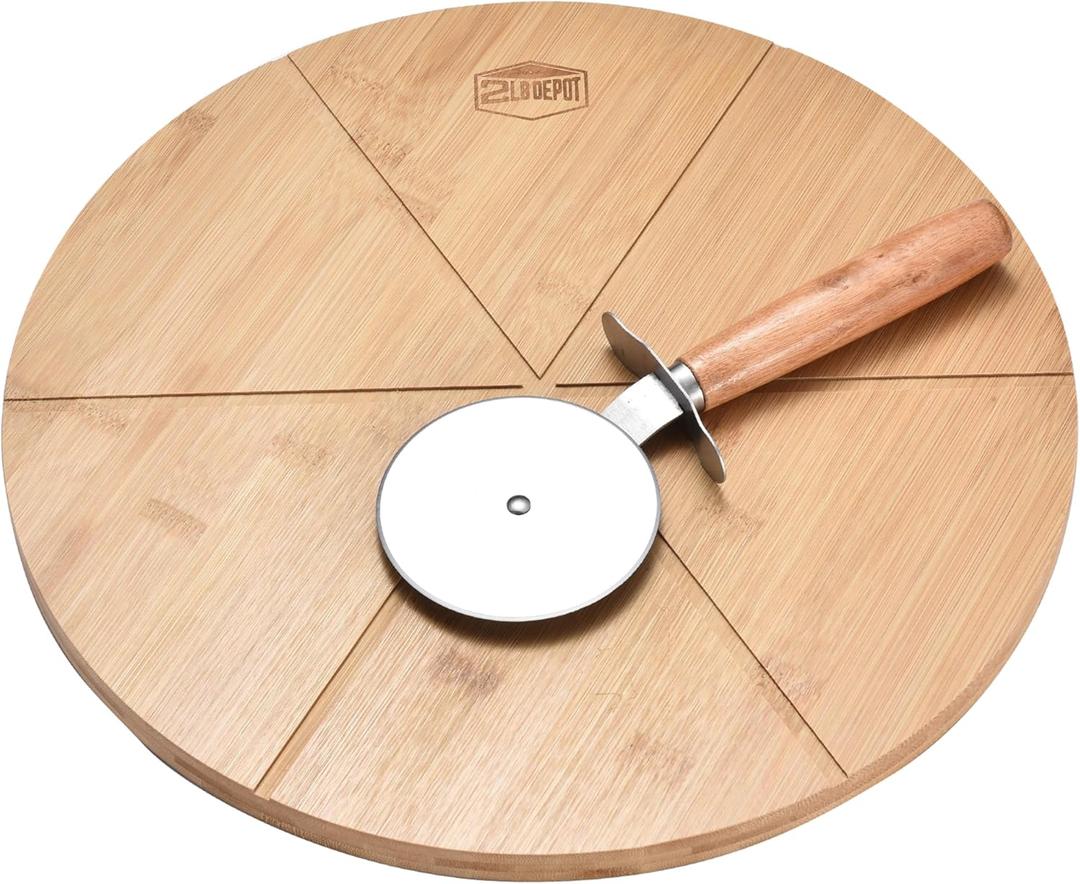 Depot Bamboo 13.5'' Round Cutting Board with Stainless Steel Cutter - Wood Pizza Slicing Tool & Serving Board
