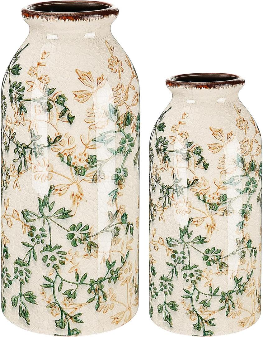 2 Pcs Vintage Ceramic Flower Vase Chinoiserie Antique Floral Vase Rustic Boho Farmhouse Decor for Home Table Bookshelf Aesthetic Centerpiece Gift(Vintage Green)