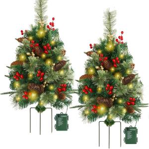 24in Pathway Christmas Trees Outdoor Set of 2, Pre-Lit Artificial Xmas Urn Filler with Lights & Ornaments, Battery Operated for Holiday New Year Winter Walkway Patio Driveway Yard Lawn