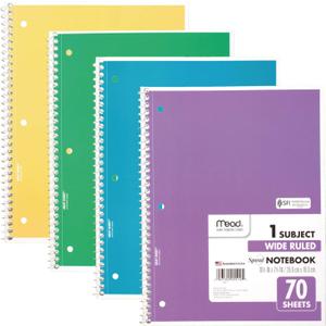 Mead Spiral Notebook, 4 Pack, 1 Subject, Wide Ruled Paper, 7-1/2" x 10-1/2", 70 Sheets per Notebook, Colors Will Vary (930200-ECM25)