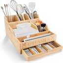 Kitchen Utensil Holder with Drawer, Farmhouse Spatula Organizer for Countertop,Large Capacity Flatware Spoon Forks Knives Cooking Tool Cutlery Holder for Party Picnic BBQ with 11 Compartments (Wood)