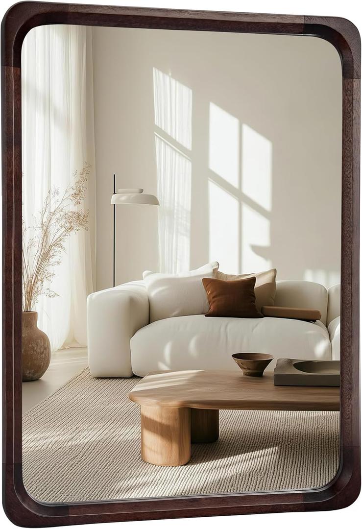 Tanmicoshomy Wood Bathroom Mirror 24 x 36 Inch, Solid Wood Framed Rectangle Mirrors with Tempered Glass for Living Room Bedroom Office or Entryway(Dark Brown)