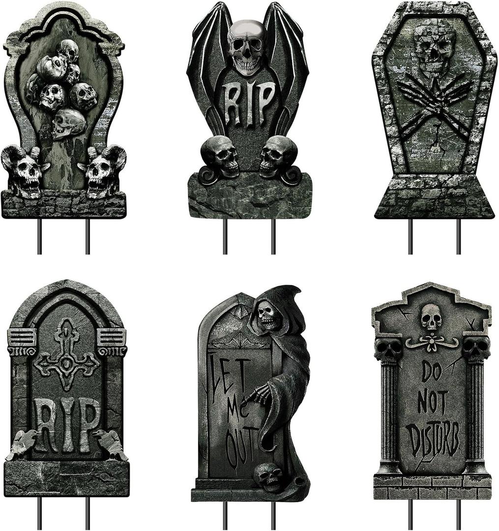 6 PCS 16.9" x9.8" Halloween Yard Signs Graveyard Tombstones Halloween Outdoor Decorations, Gravestones Yard Signs with Stakes Scary Lawn Decor Party Supplies