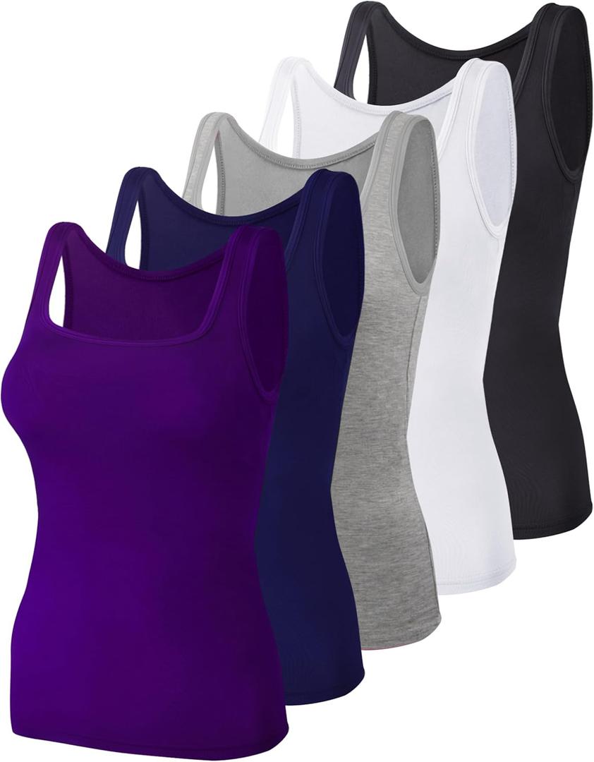 BQTQ 5 Pack Women's Tank Tops Square Neck Sleeveless Ladies Tank Top Undershirts (Large, Purple, Black, Gray, Navy, White)
