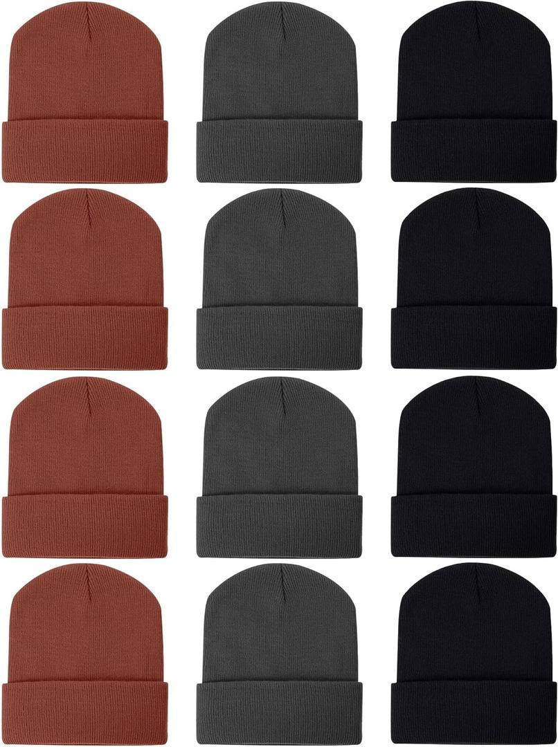 Zhanmai 12 Pack Winter Beanie Hats for Men Women Beanie Bulk, Warm Knitted Cuffed Cozy Skull Cap (One Size, Black, Gray, Brown)