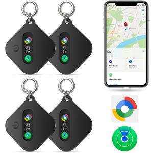 Dual System Bluetooth Tracker for iOS or Android-4 Packs, Compatible with Apple Find My (iOS) & Google's Find Hub(Android) for Smart Tracking Tag/Key Finder/Luggage Tracker (Black-4p)
