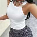 Milumia Women's Metal Ribbed Knit Tank Top Round Neck Sleeveless Fitted Going Out Tops (White, S)