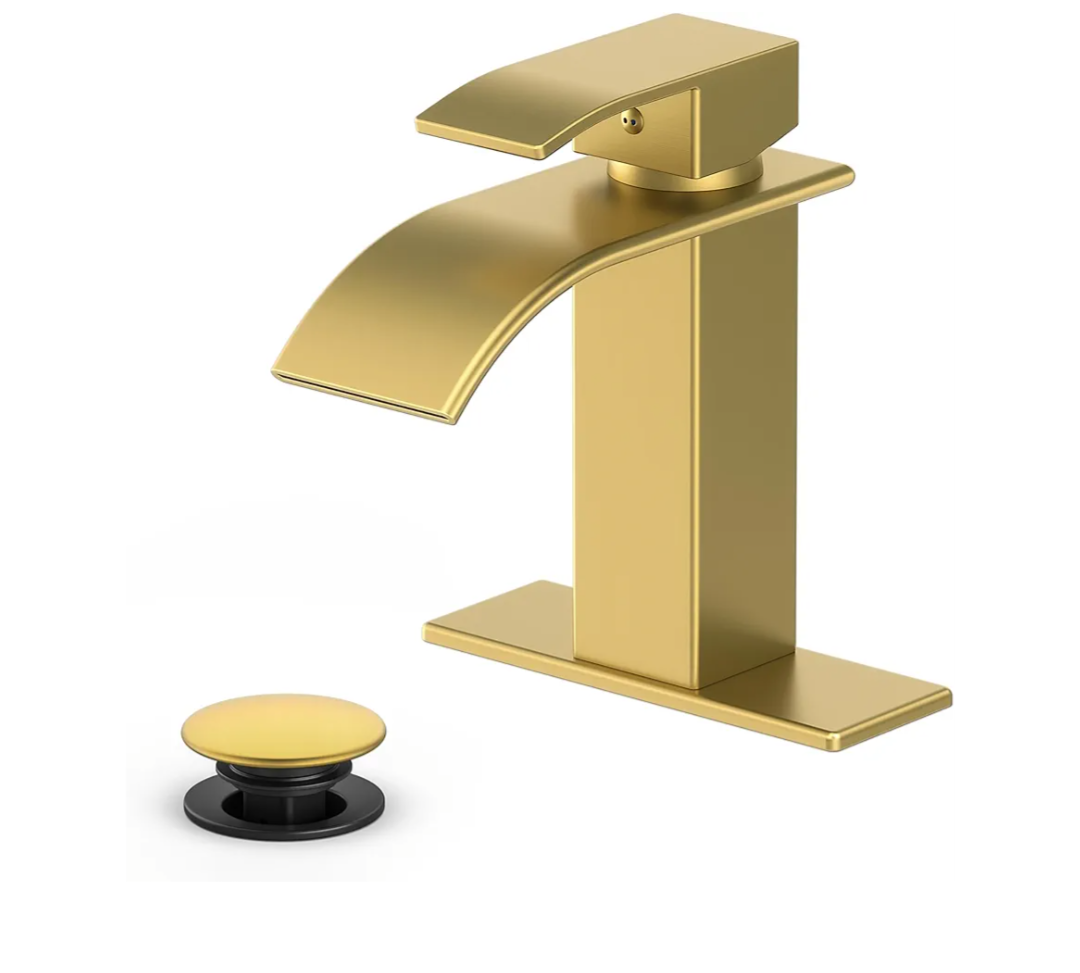 Bathroom Faucet Brushed Gold Modern Waterfall Bathroom Sink Faucet with Single Handle Suitable for 1 or 3 Holes,Supply Deck Plate and Hose…