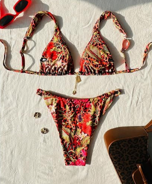 RoseSeek Women's 2 Piece Floral Tropical Print Bikini Set Boho Triangle Bathing Suit Tie Backless Swimsuit Sets Leopard Red, Medium