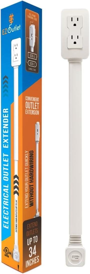Electrical Outlet Extender. Access Hard-to-Reach Outlets! Features USB-A, USB-C, and 2 AC Outlets, Extends 22"-34", Rotates 180. Use Behind Couches, Nightstands, Desks, and More.