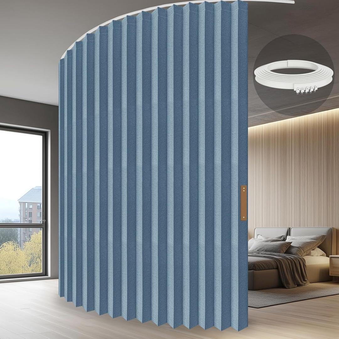 Accordion Partition Curtain with Ceiling Track - Space-Saving Room Divider, Tool-Free Installation(Blue 100" W x 96" L-Pack of 1)
