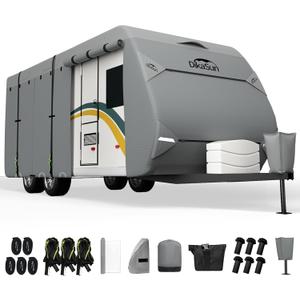 RV Cover, Upgraded 7 Layers top travel trailer cover Fits 24-27 ft RV, Waterproof camper Cover for Toy Hauler with Tongue Jack Cover, Gutter Covers