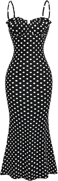 Milumia Women's Polka Dots Frill Trim Cami Dress Fishtail Maxi Dresses | 1950s Retro Long Dress, Ruched Bust, Summer Fall, Elegant, Vintage, Cocktail, Date Night Outfit, Small