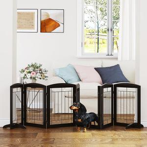 PAWLAND Dog Gate Indoor with Walk Through Door, Foldable Free Standing Pet Gate for Doorways, Stairs, the Houes, Pet Puppy Safety Fence, 120 in Extra Wide, 6 Panels, Support Feet Included, Espresso