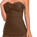 Holipick Women's Red Tummy Control One Piece Swim Dress Strapless Swimsuit Bandeau Skirted Bathing Suits (Brown, L)