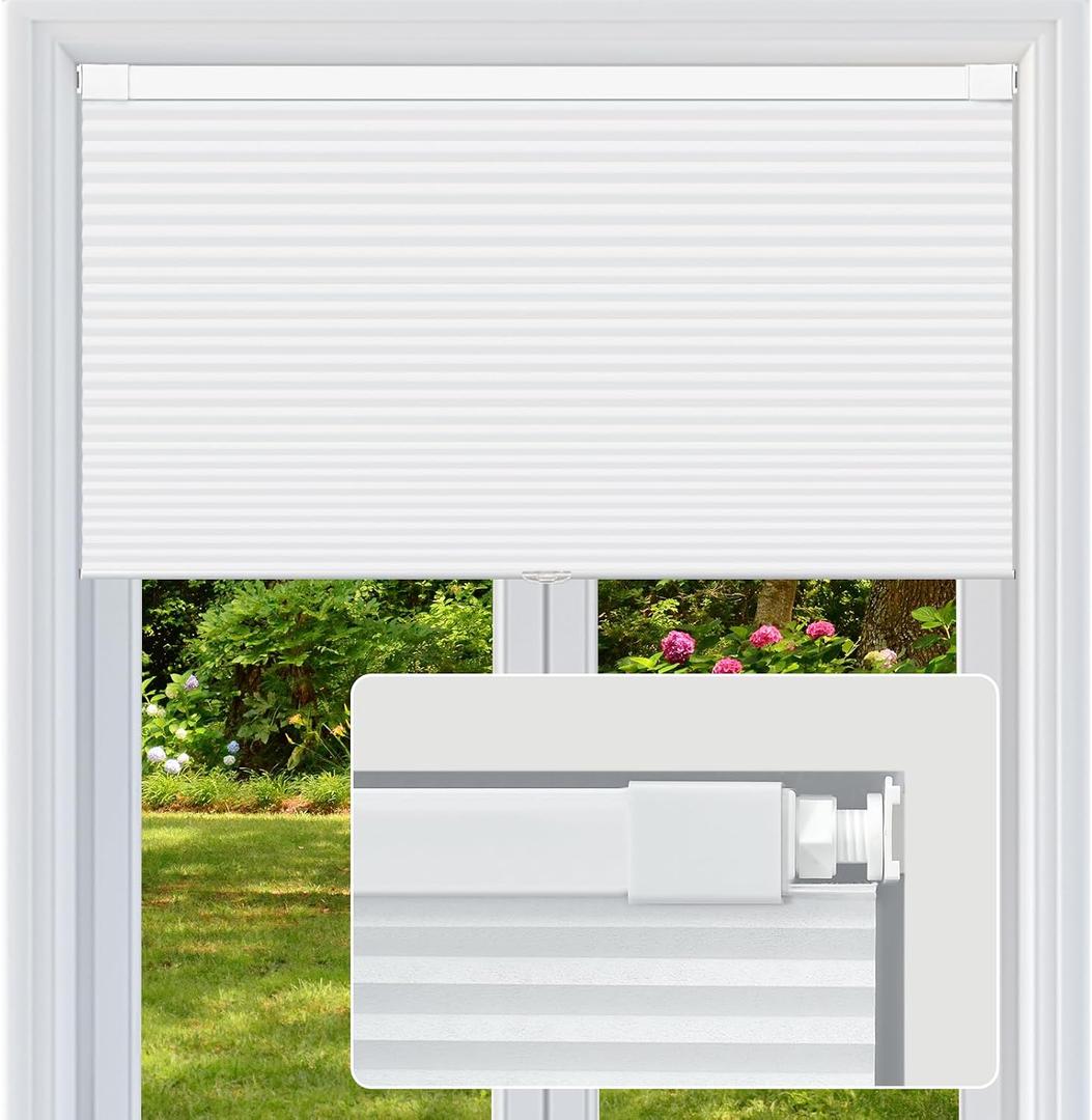 Cordless Cellular Shades, No Drill No Tools Light Filtering Honeycomb Shades, Pleated Blinds for Windows, Easy to Install, White 48" W x 64" H