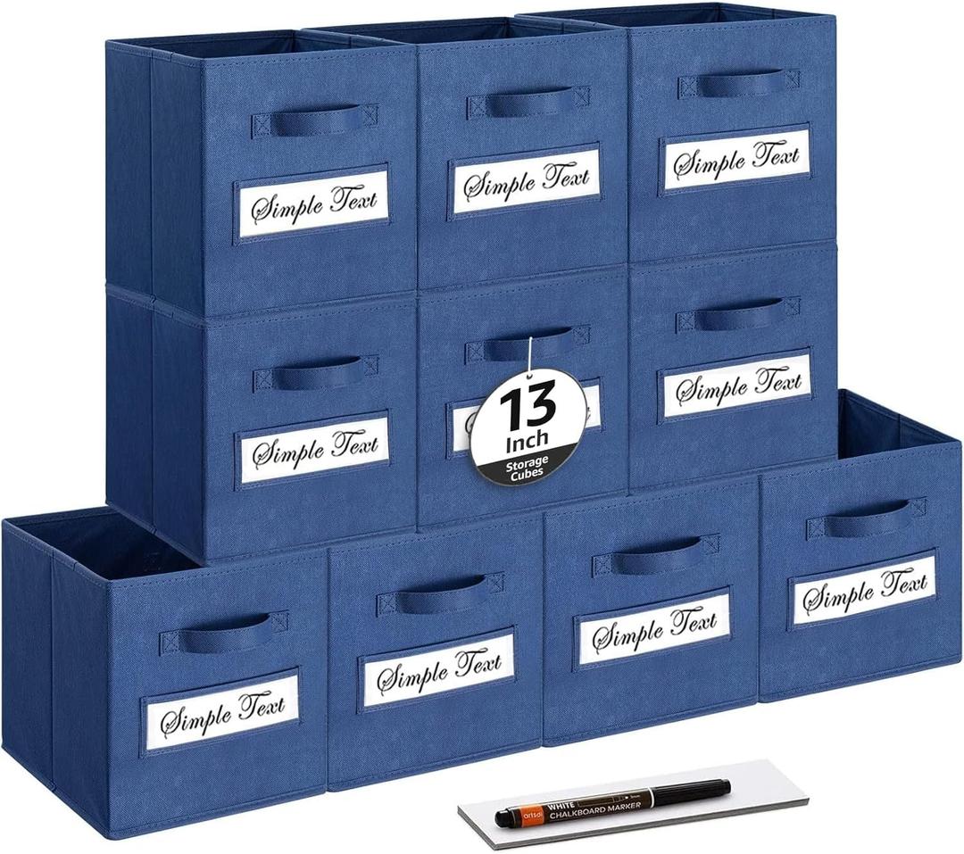 13x13x13 storage cube bins (Set of 10) Fabric storage cubes with 10 Labels Window Cards & a Pen, storage cubes 13x13, Collapsible 13 inch cube storage bins, Cubby Organizer Boxes, Navy Blue