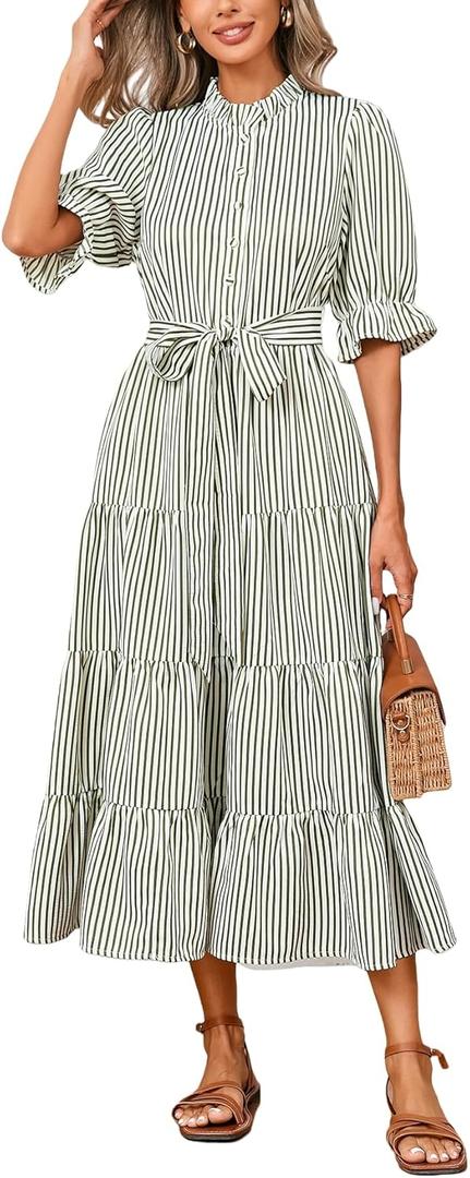 Women's Striped Stand Ruffle Collar Maxi Dress Half Sleeve Button Down Flowy Belted Beach Vacation Dress, Size XL (Green)