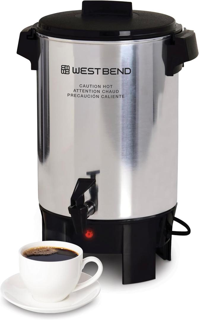 West Bend Coffee Urn Highly-Polished Aluminum Features Automatic Temperature Control with Cup Per Minute Brewing and Easy Clean Up Includes In-Basket Measuring Guide and Ready Light, 30-Cup, Silver
