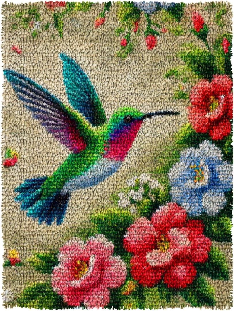 MIAOLLUN Hummingbird Flower Latch Hook Kits for Adults Beginner, DIY Bird Pre-Printed Canvas Rug Cushion Making Craft Embroidery Crochet Yarn Kit 52X38cm
