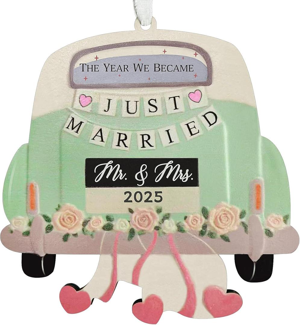3 x Wedding Gifts for Couples 2025 - Mr and Mrs Gifts, Personalized Wedding Bridal Shower Gift for Bride & Newlyweds - Just Married Wood Hanging Ornament