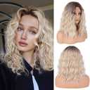Ombre Walnut Brown to Ash Blonde Wigs for Women 16 Inch Medium Length Middle Part Curly Wavy Wig Natural Looking Synthetic Hair Wig for Daily Party/Halloween Use 16IN Ombre Walnut Brown to Ash Blonde