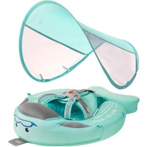 Mambobaby Float Baby Float with Canopy Non Inflatable Baby Pool Float Upgraded Tail Infant Swim Trainer Water Float for Toddler Infant 3-24 Months No Flip Over, Green, Large