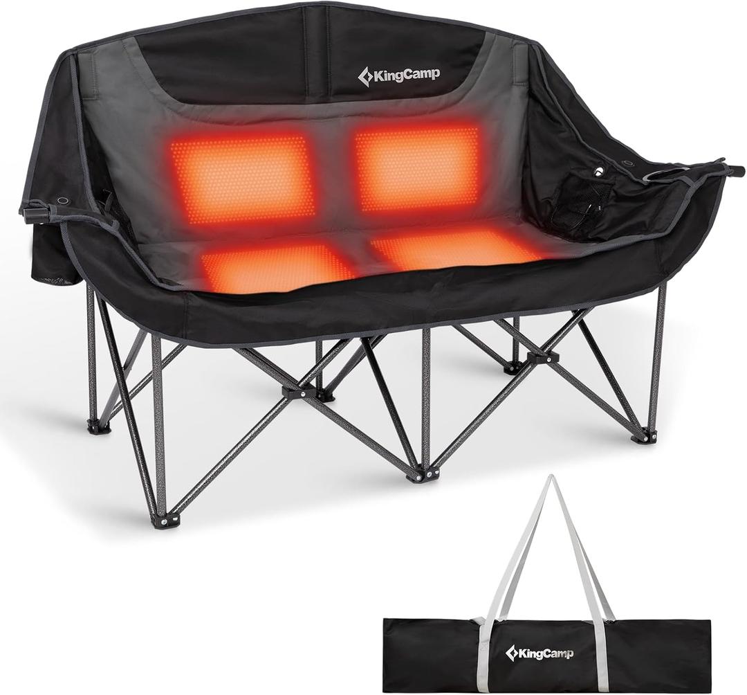KingCamp Heated Double Camping Chair, Oversized 660lbs Heavy Duty Loveseat for Adults Portable Folding XL 2 Person Couch Padded Comfortable with 3 Heat Levels for Outdoor Sports Lawn, Black/Grey