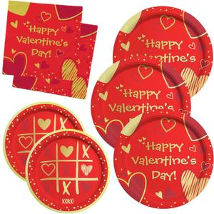 Gatherfun Valentine's Day Party Supplies Red Heart Love Disposable Paper Plates Napkins for Valentine's Day, Engagements, Anniversary, Birthday Party Serve 50