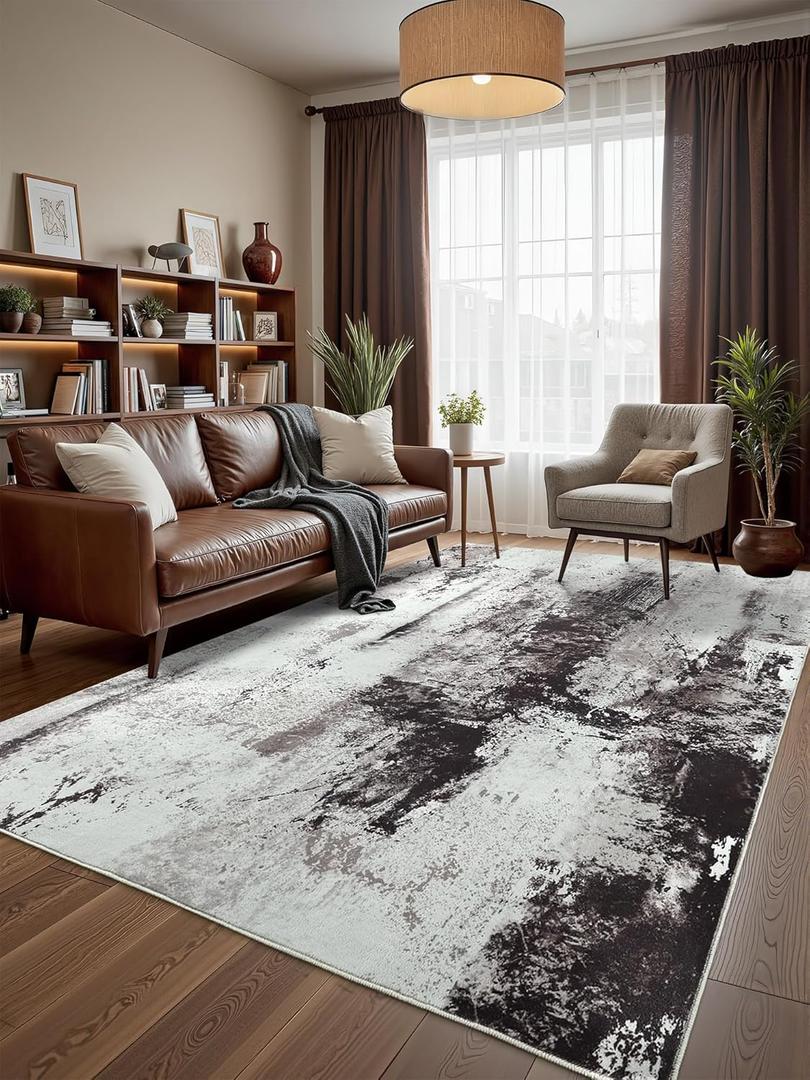Washable Abstract Rug, 5x7 Modern Area Rugs with Non-Slip Rubber Backed for Living Room, Thin but Soft Contemporary Carpet Kitchen Bedroom Dining Room Decor, Black Brown
