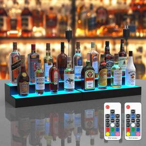 upcessory LED Lighted Liquor Bottle Display Shelf, 2 Tier 32 Inch Alcohol Whiskey Wood Rack Stand Tray for Home Bar Living Room Accessories and Decor, Bourbon Shelf for 16 Bottles