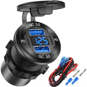 Upgraded 4 Port 12V USB Outlet Aluminum Charger, 78W Dual PD & QC Multiple USB Port for Car, USB C Cigarette Lighter Replacement 12 Volt Socket with Voltmeter Waterproof for Marine Boat Motorcycle RV