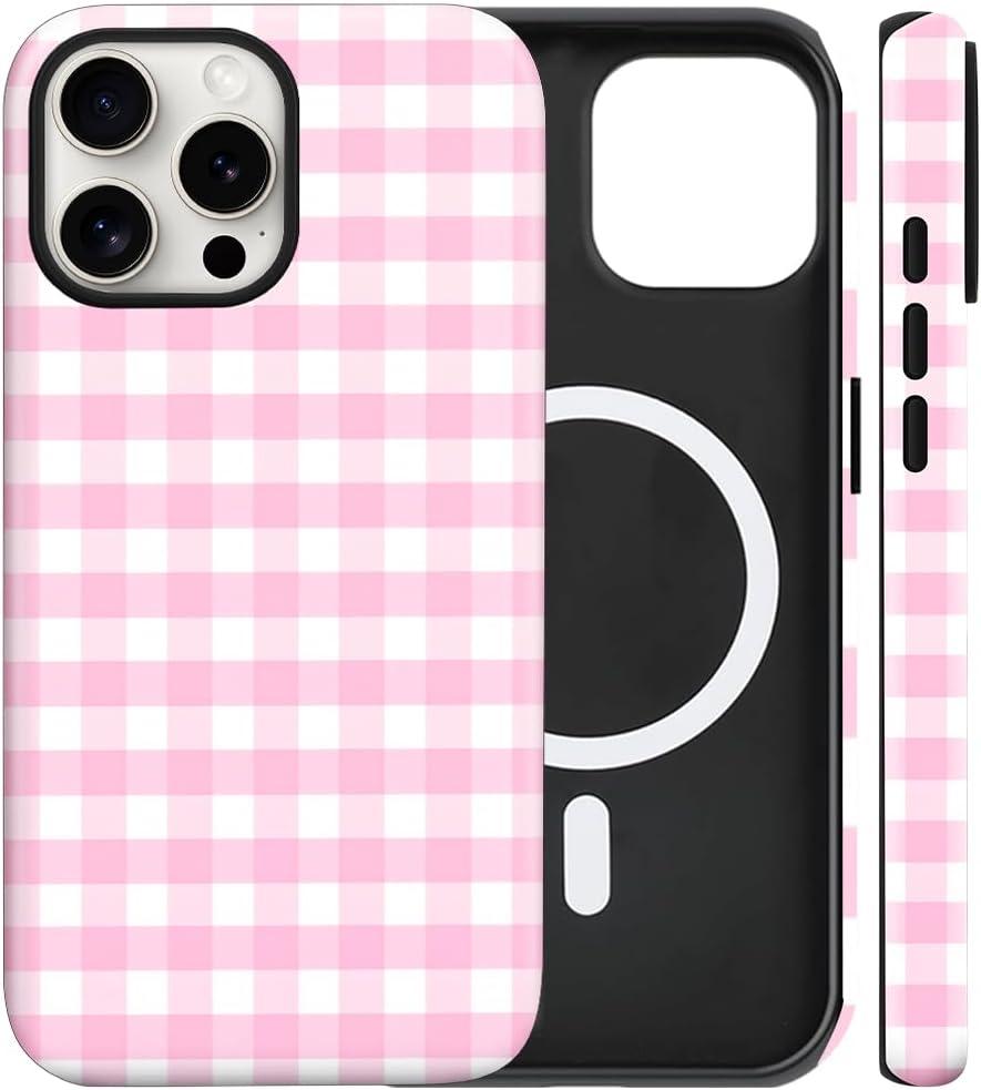 Magnetic for iPhone 15 Pro Max Case Cute Checkered Stripes Phone Case for Women Girls, Shockproof Slim TPU and Hard PC Protective Phone Cover Compatible with MagSafe Designed, Pink