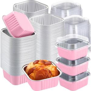 200 Pack 5 oz Mini Cake Pans with Lid, Aluminum Foil Mini Baking Tins, Square Disposable Cupcake Baking Cup Dessert Container for Wedding Birthday Party Picnic(Pink,Classic)