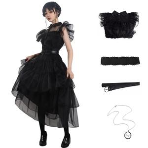 Women Vintage Goth Black Dress Costume Gothic Cosplay Girl Dance Tulle Lace Skirt Halloween Party Outfit with Necklace (M-Black)