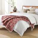 Ultra Soft Pre-Washed Quilted Throw Blanket, Floral Printed Pompom Fringed Dark Terracotta Decorative Throws, Chic Rustic Blanket for Sofa Couch Bed Chair, 60"x 80"